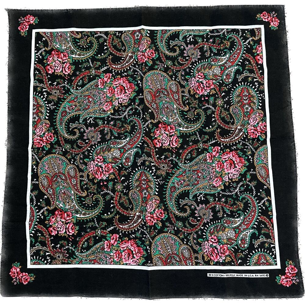 Vintage Wamcraft Floral Paisley Handkerchief Bandanna Black 14193 USA Made 50/50